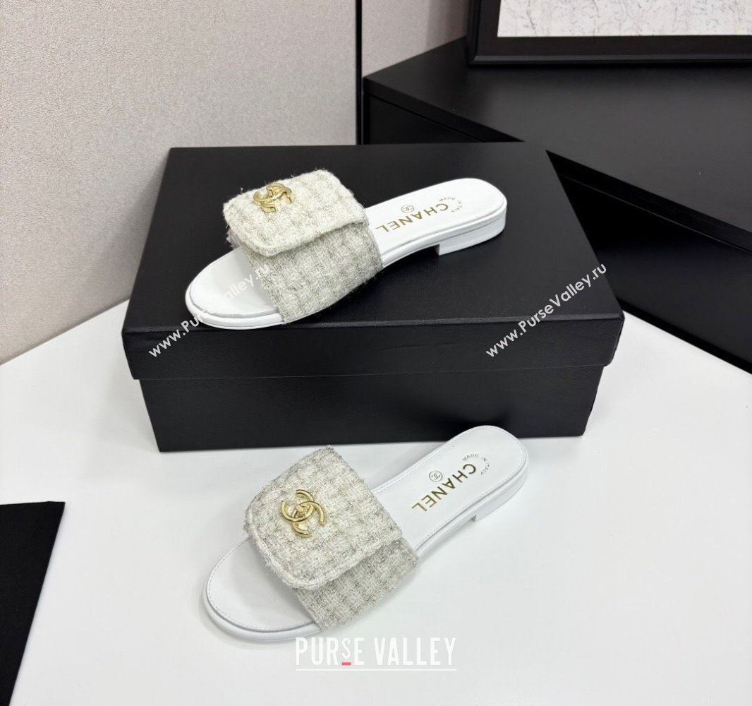 Chanel Tweed Flat Slides Sandal with Foldover G45474 White 2025 (MD-250415071)