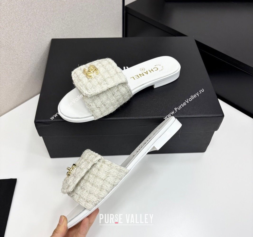 Chanel Tweed Flat Slides Sandal with Foldover G45474 White 2025 (MD-250415071)