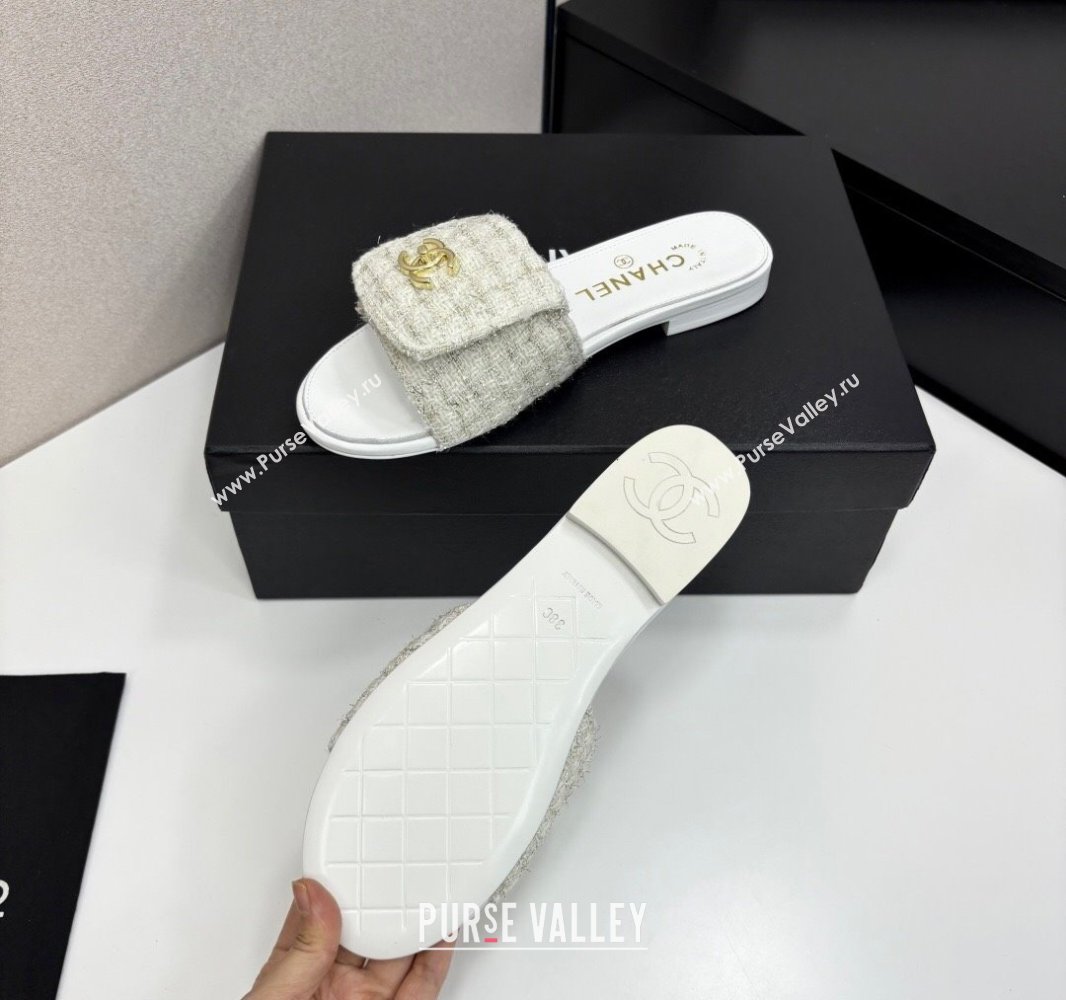Chanel Tweed Flat Slides Sandal with Foldover G45474 White 2025 (MD-250415071)