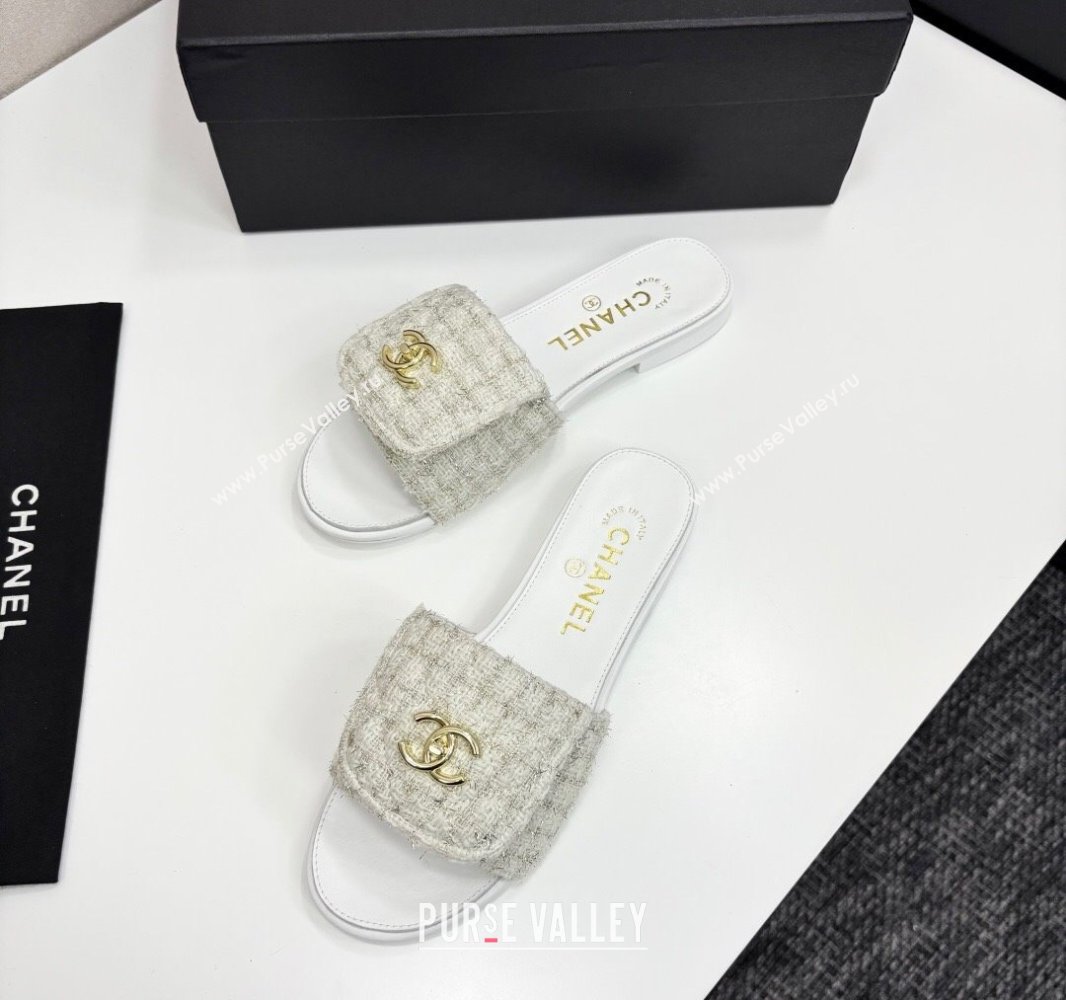 Chanel Tweed Flat Slides Sandal with Foldover G45474 White 2025 (MD-250415071)