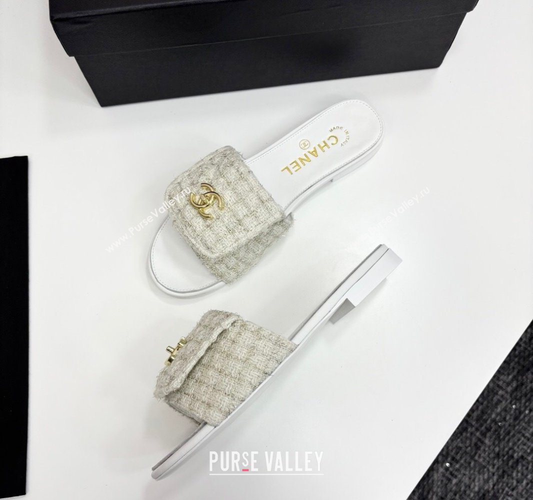 Chanel Tweed Flat Slides Sandal with Foldover G45474 White 2025 (MD-250415071)
