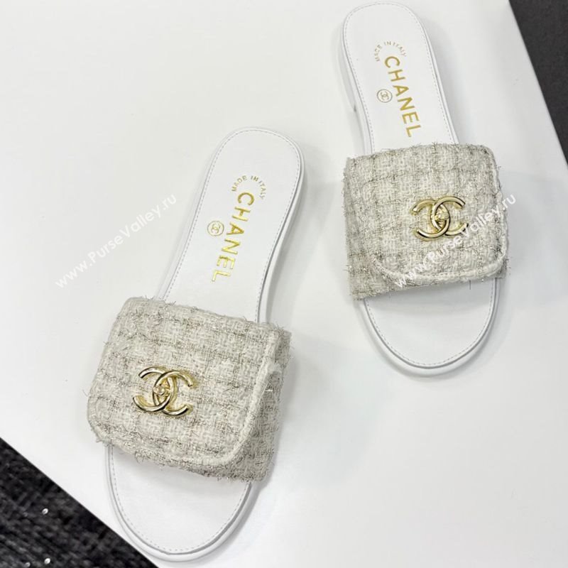 Chanel Tweed Flat Slides Sandal with Foldover G45474 White 2025 (MD-250415071)