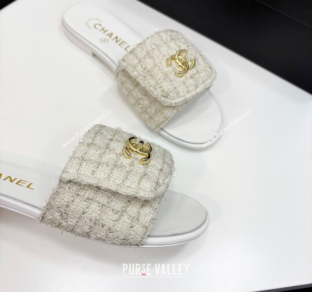 Chanel Tweed Flat Slides Sandal with Foldover G45474 White 2025 (MD-250415071)