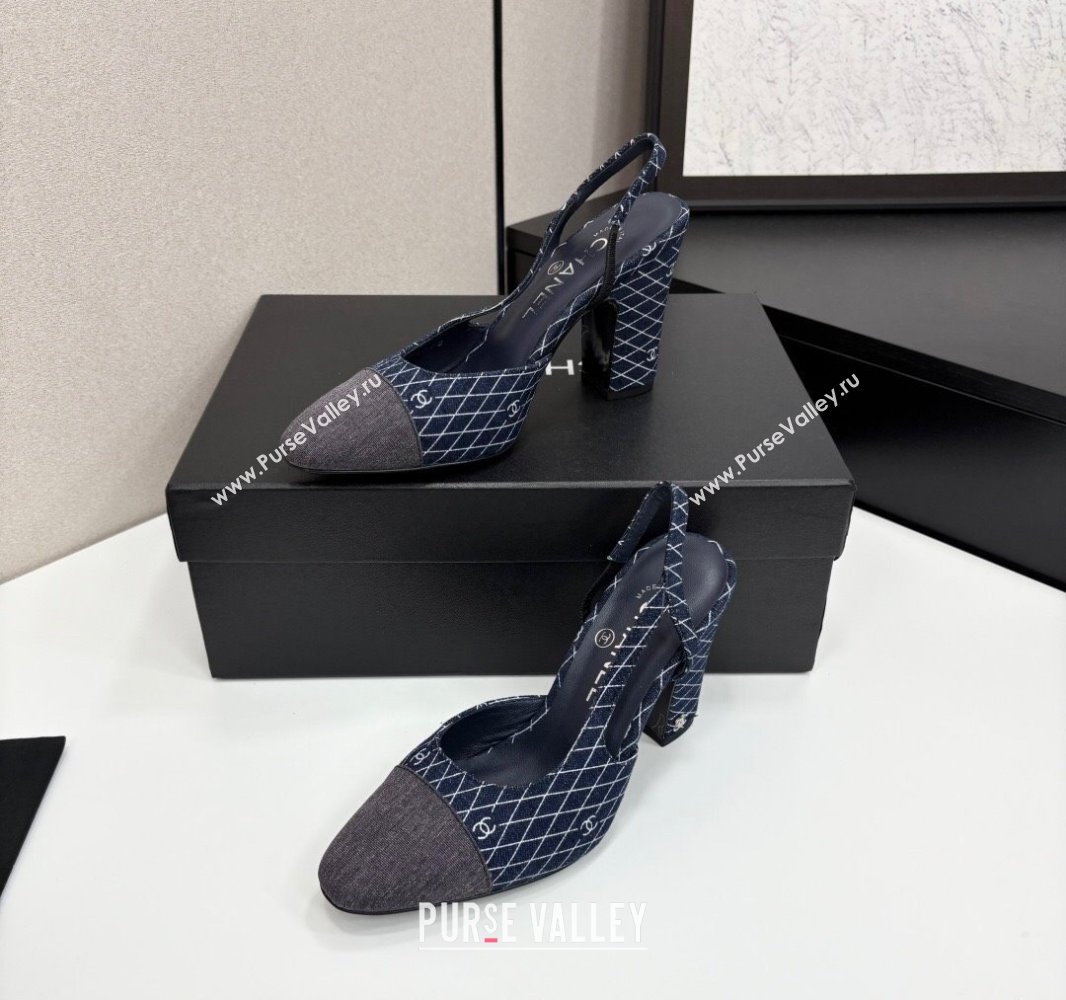 Chanel Quilted Denim Classic Slingback Pumps 10cm Dark Blue 2025 G45509 (MD-250416069)