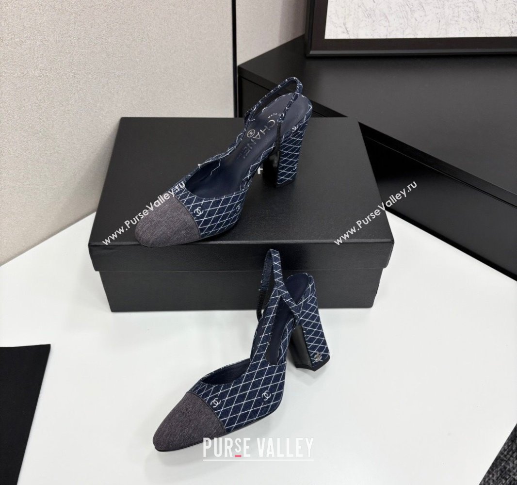 Chanel Quilted Denim Classic Slingback Pumps 10cm Dark Blue 2025 G45509 (MD-250416069)