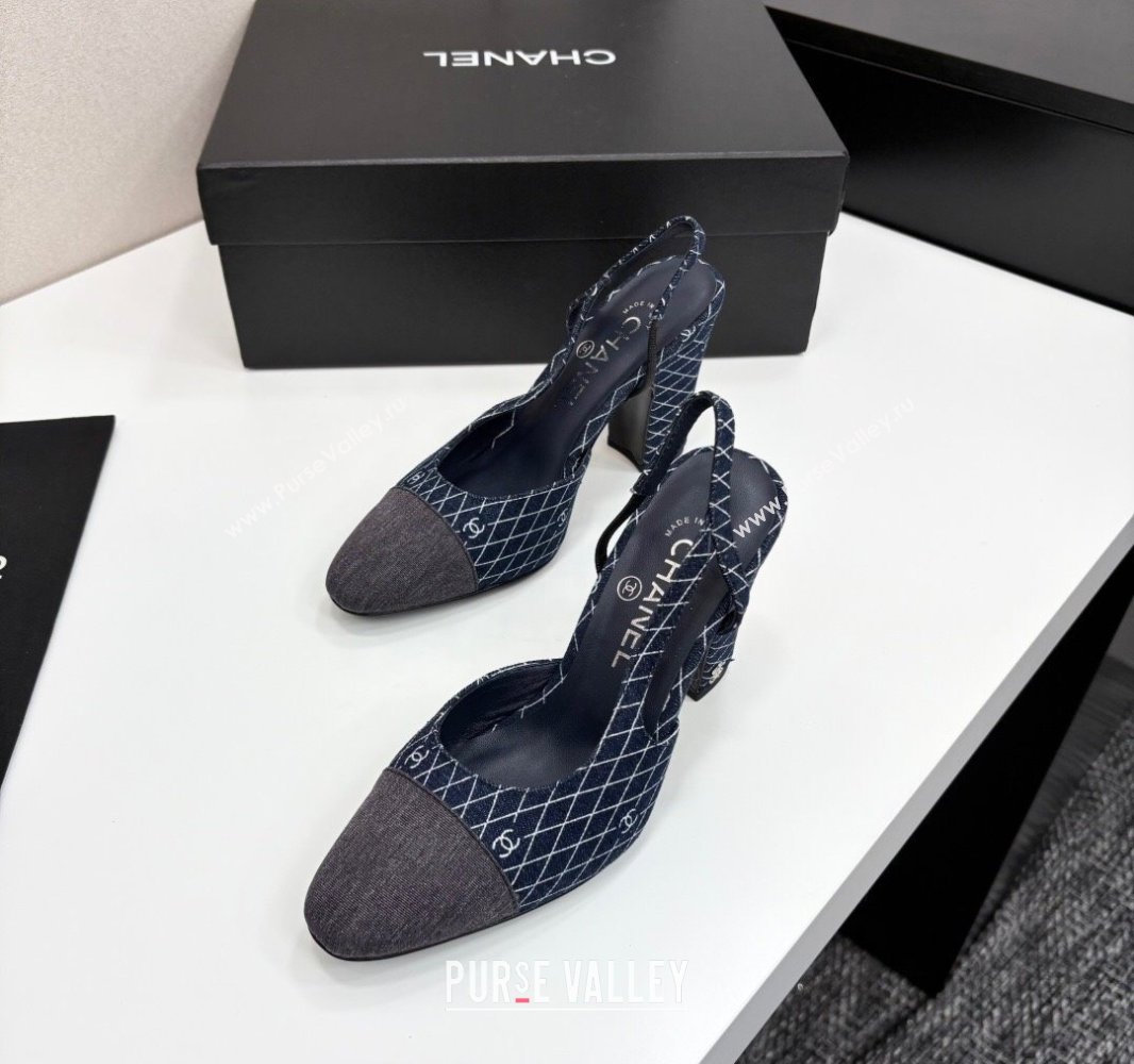 Chanel Quilted Denim Classic Slingback Pumps 10cm Dark Blue 2025 G45509 (MD-250416069)