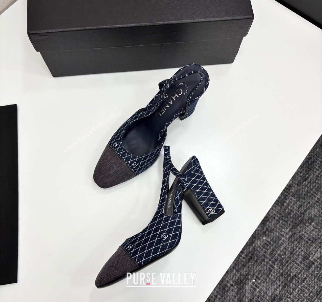 Chanel Quilted Denim Classic Slingback Pumps 10cm Dark Blue 2025 G45509 (MD-250416069)