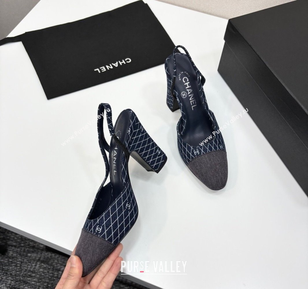 Chanel Quilted Denim Classic Slingback Pumps 10cm Dark Blue 2025 G45509 (MD-250416069)