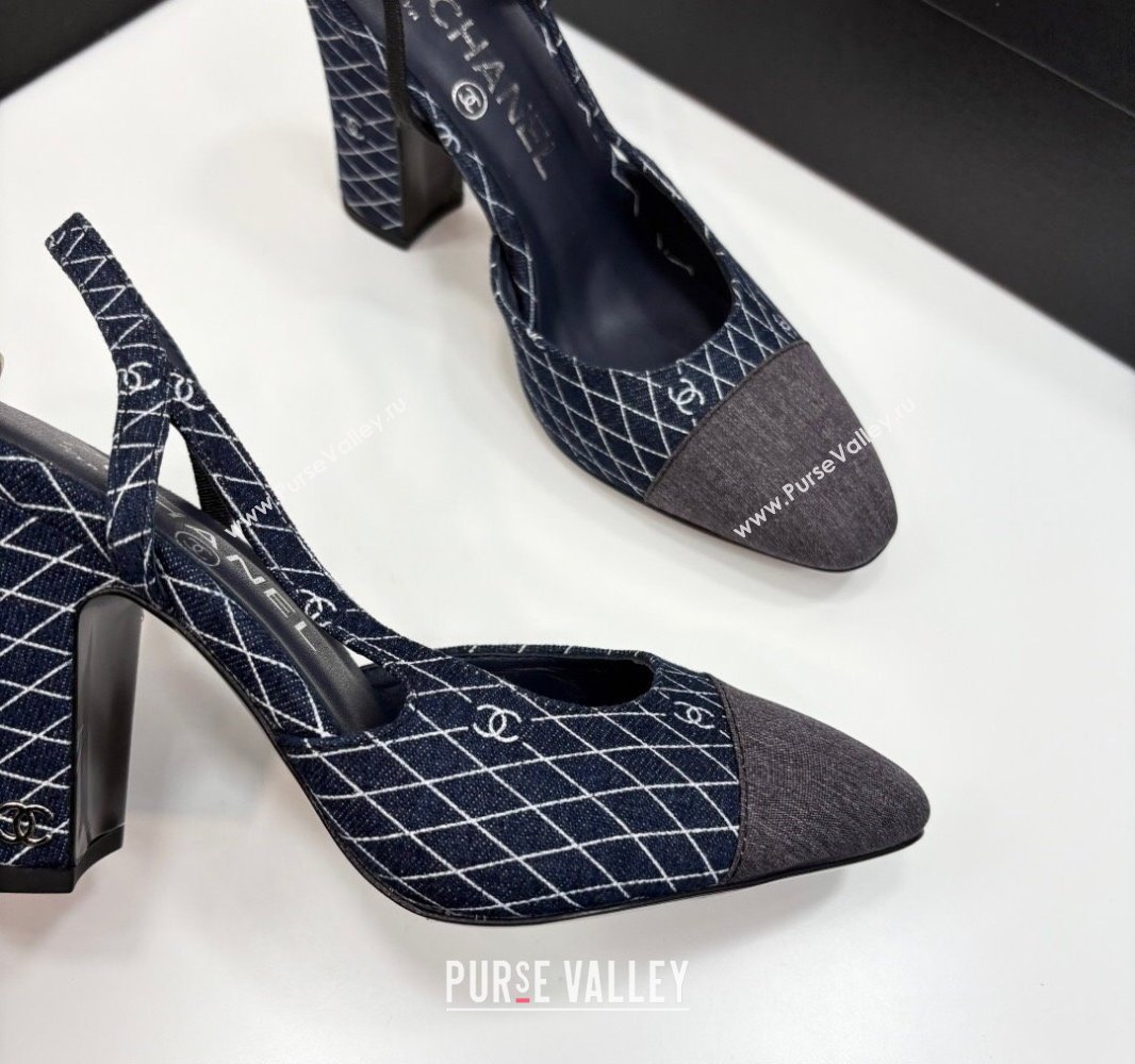 Chanel Quilted Denim Classic Slingback Pumps 10cm Dark Blue 2025 G45509 (MD-250416069)