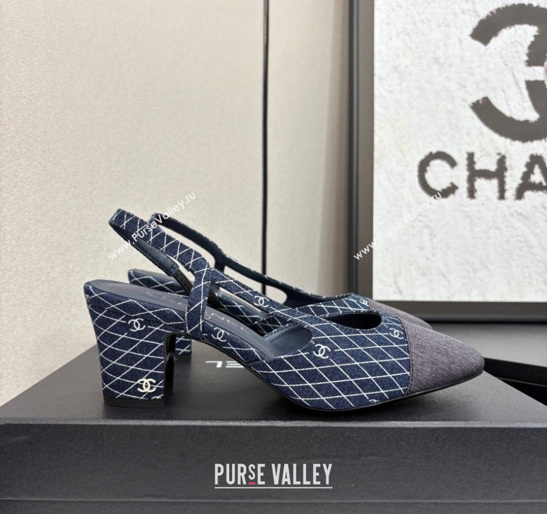 Chanel Quilted Denim Classic Slingback Pumps 6cm Dark Blue 2025 G31318 (MD-250416072)