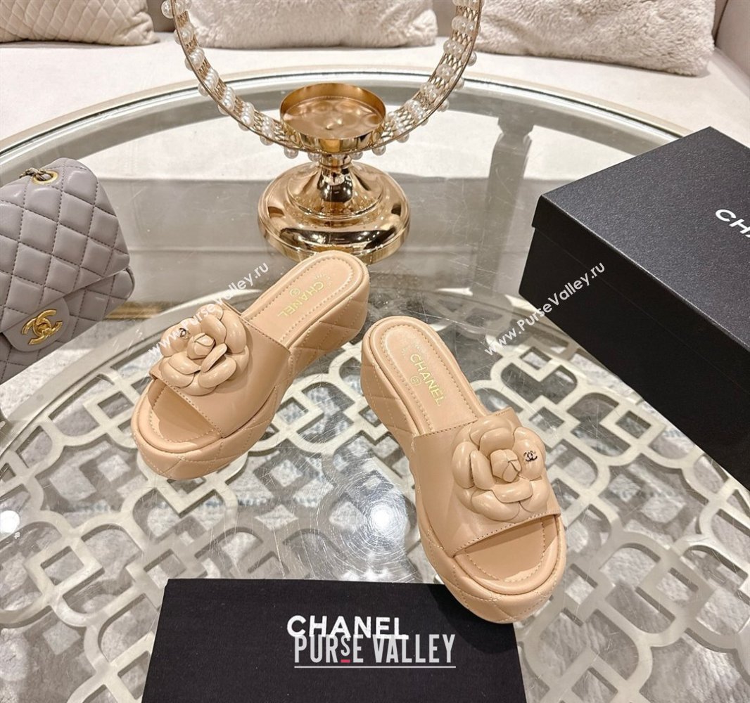 Chanel Lambskin Platform Wedge Slides Sandal 7cm with Camellia Beige 2025 CH041710 (MD-250417037)
