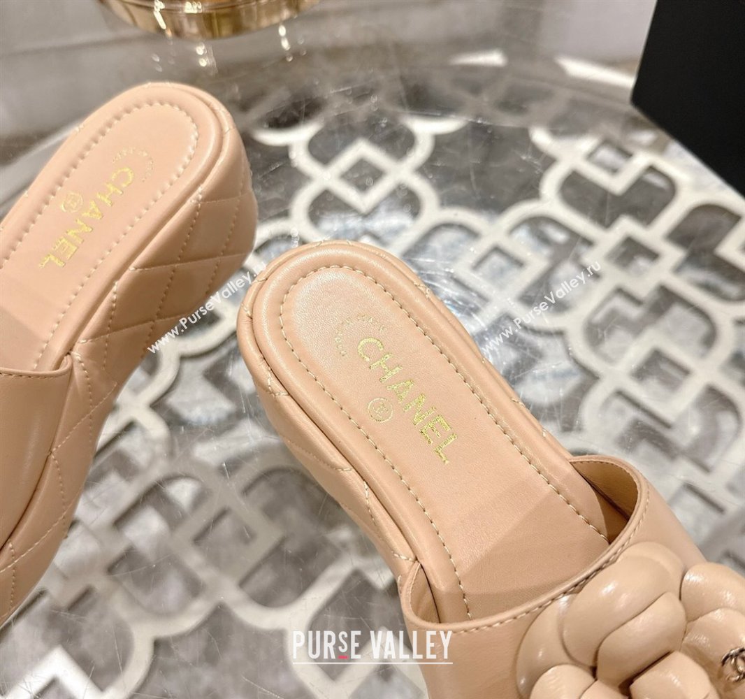 Chanel Lambskin Platform Wedge Slides Sandal 7cm with Camellia Beige 2025 CH041710 (MD-250417037)