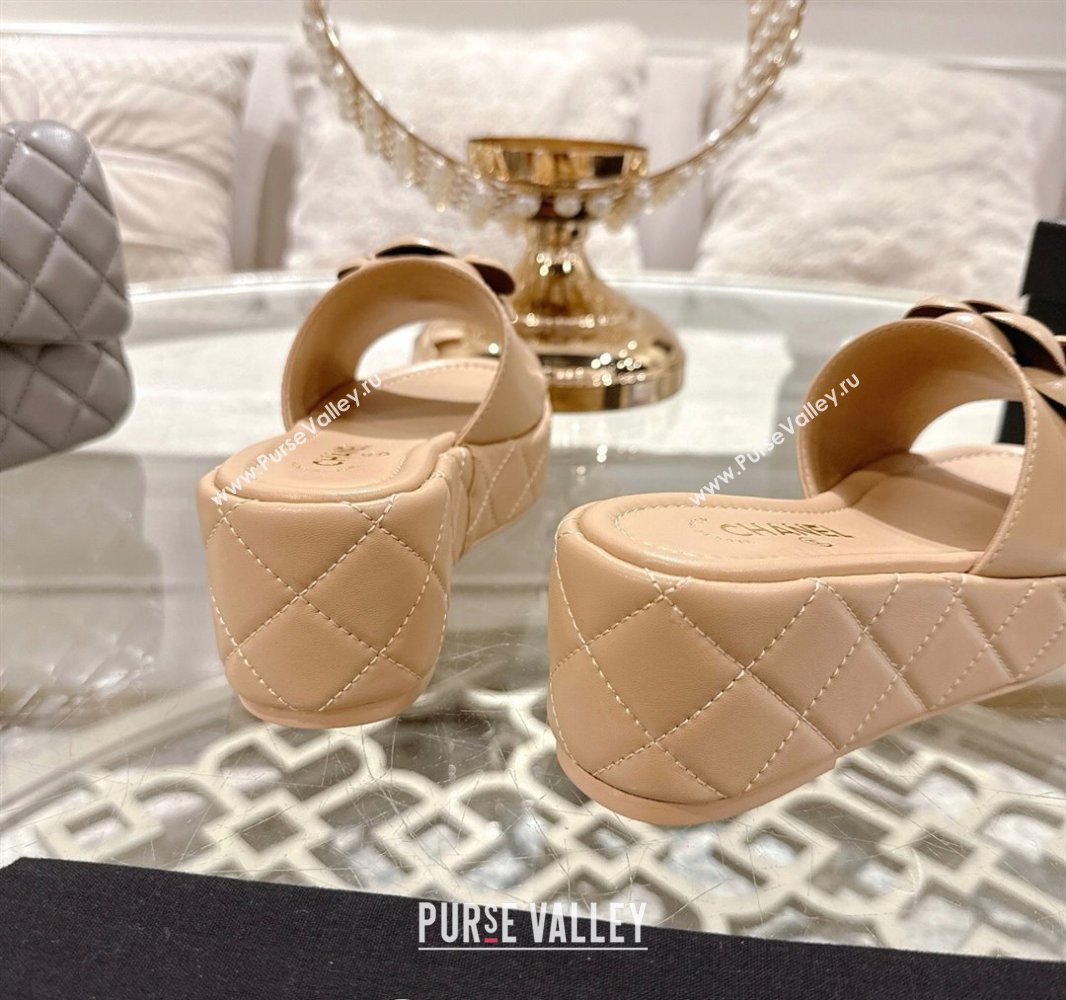 Chanel Lambskin Platform Wedge Slides Sandal 7cm with Camellia Beige 2025 CH041710 (MD-250417037)