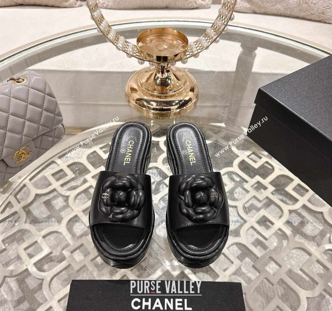 Chanel Lambskin Platform Wedge Slides Sandal 7cm with Camellia Black 2025 CH041710 (MD-250417039)