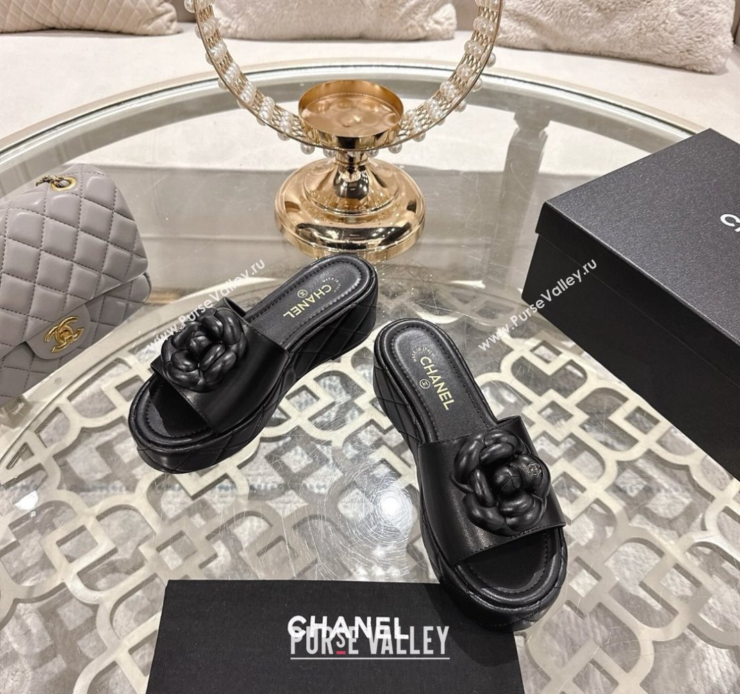 Chanel Lambskin Platform Wedge Slides Sandal 7cm with Camellia Black 2025 CH041710 (MD-250417039)