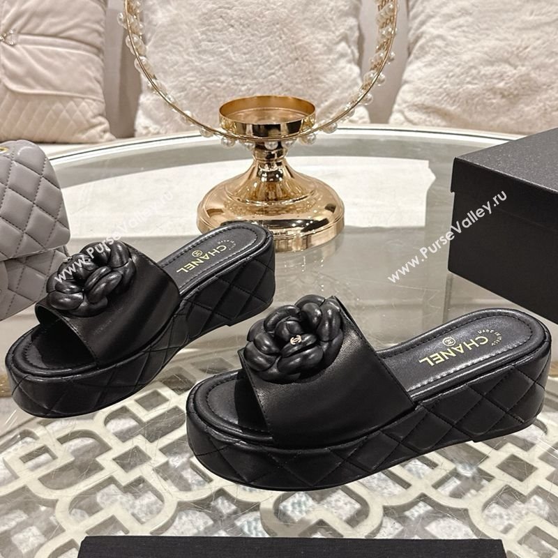 Chanel Lambskin Platform Wedge Slides Sandal 7cm with Camellia Black 2025 CH041710 (MD-250417039)