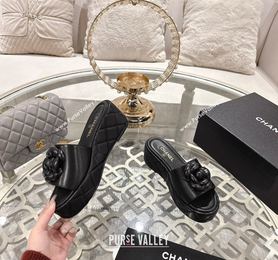 Chanel Lambskin Platform Wedge Slides Sandal 7cm with Camellia Black 2025 CH041710 (MD-250417039)