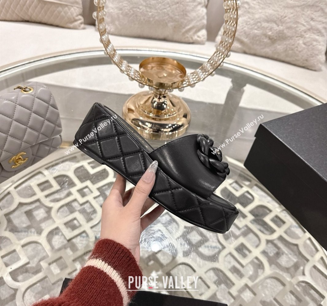 Chanel Lambskin Platform Wedge Slides Sandal 7cm with Camellia Black 2025 CH041710 (MD-250417039)