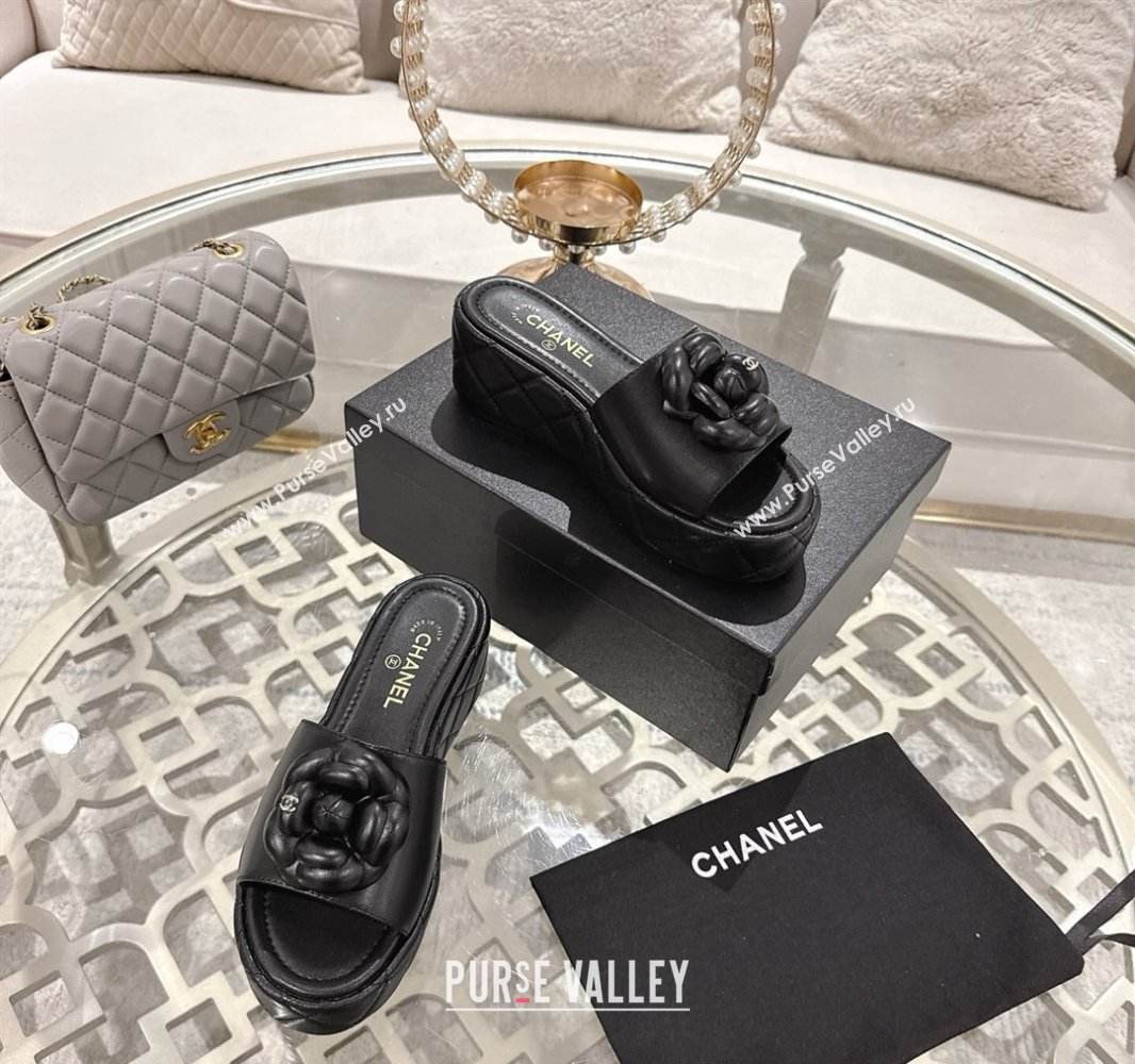 Chanel Lambskin Platform Wedge Slides Sandal 7cm with Camellia Black 2025 CH041710 (MD-250417039)