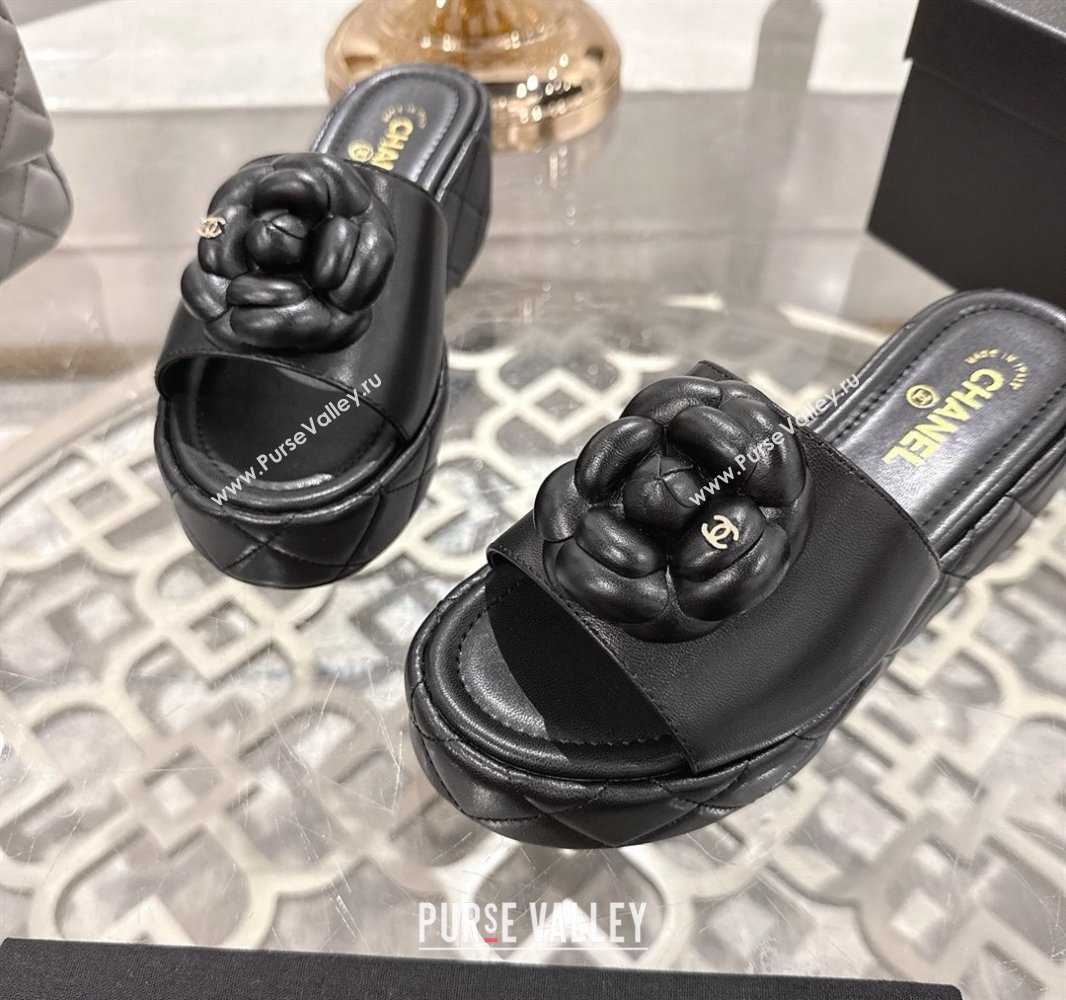 Chanel Lambskin Platform Wedge Slides Sandal 7cm with Camellia Black 2025 CH041710 (MD-250417039)