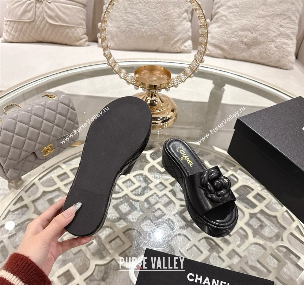 Chanel Lambskin Platform Wedge Slides Sandal 7cm with Camellia Black 2025 CH041710 (MD-250417039)