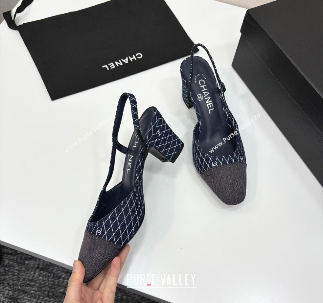 Chanel Quilted Denim Classic Slingback Pumps 6cm Dark Blue 2025 G31318 (MD-250416072)