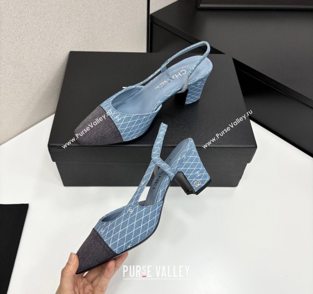 Chanel Quilted Denim Classic Slingback Pumps 6cm Light Blue 2025 G31318 (MD-250416073)