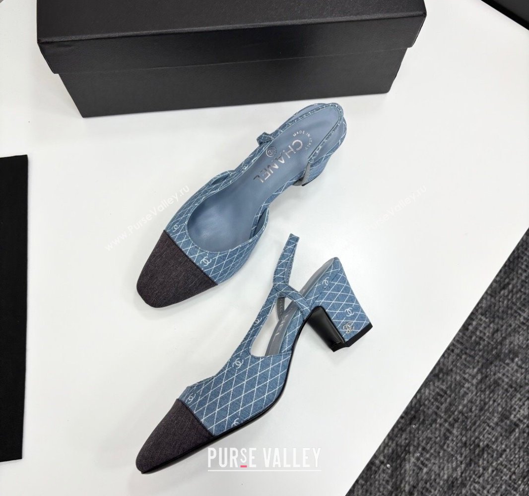 Chanel Quilted Denim Classic Slingback Pumps 6cm Light Blue 2025 G31318 (MD-250416073)