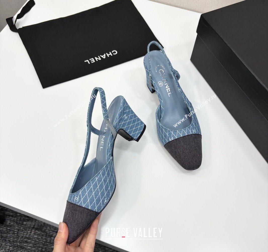 Chanel Quilted Denim Classic Slingback Pumps 6cm Light Blue 2025 G31318 (MD-250416073)