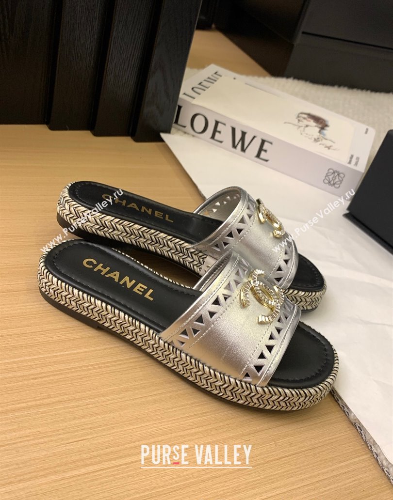 Chanel Cutout Calfskin Flat Slides Sandal Silver 2025 CH041611 (MD-250416081)