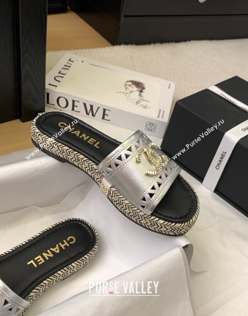 Chanel Cutout Calfskin Flat Slides Sandal Silver 2025 CH041611 (MD-250416081)
