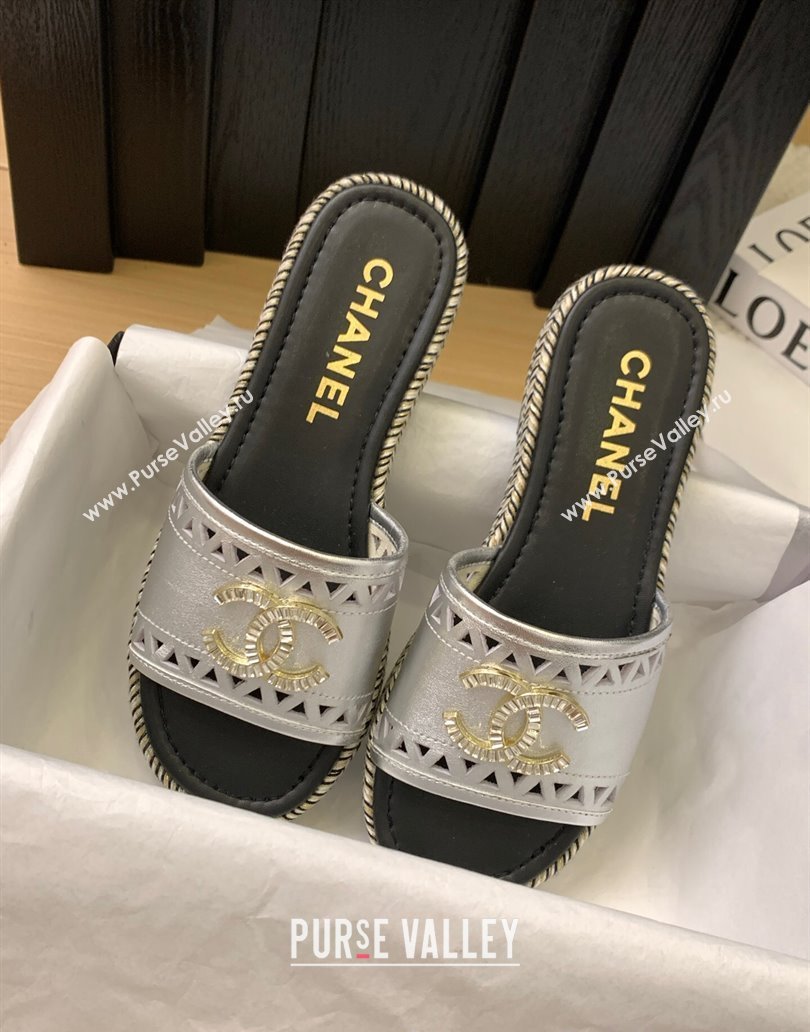 Chanel Cutout Calfskin Flat Slides Sandal Silver 2025 CH041611 (MD-250416081)
