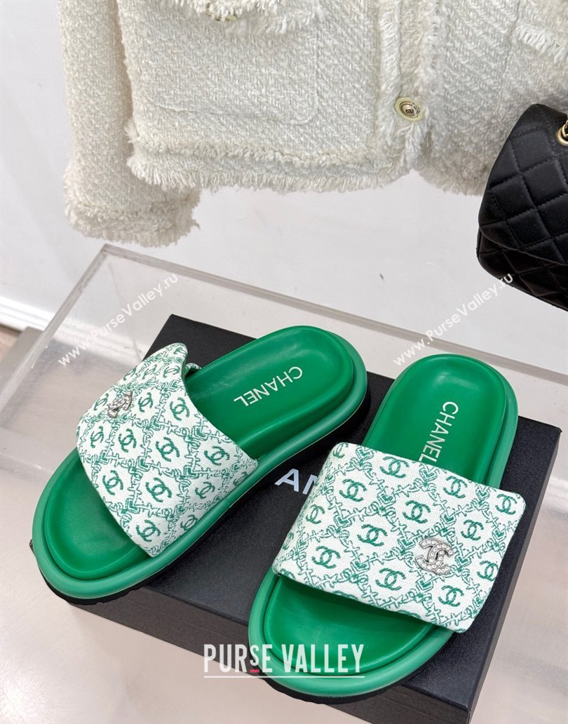 Chanel Printed Canvas Pillow Flat Slides Sandal Green 2025 CH041607 (MD-250416055)