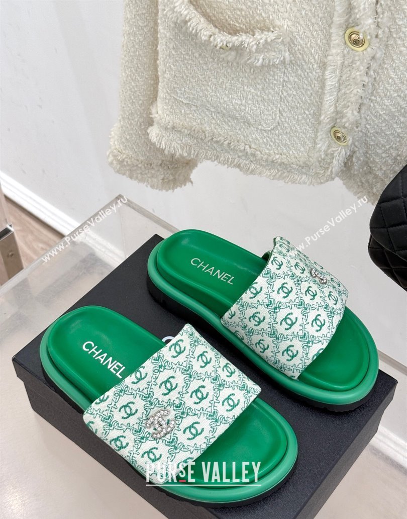 Chanel Printed Canvas Pillow Flat Slides Sandal Green 2025 CH041607 (MD-250416055)