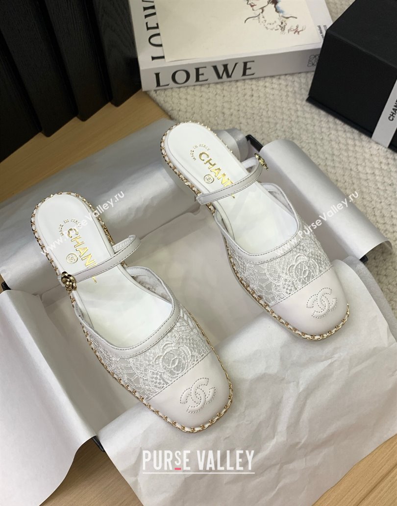 Chanel Lace Calfskin Flat Mules White 2025 CH041612 (MD-250416086)