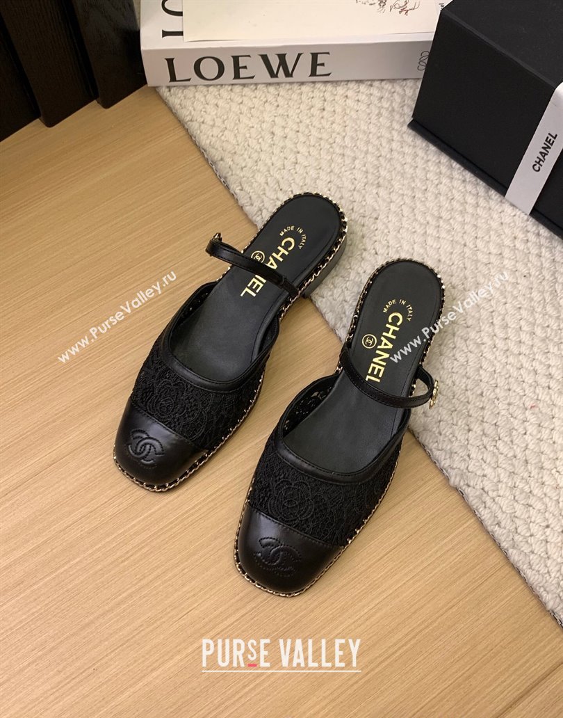 Chanel Lace Calfskin Flat Mules Black 2025 CH041612 (MD-250416087)