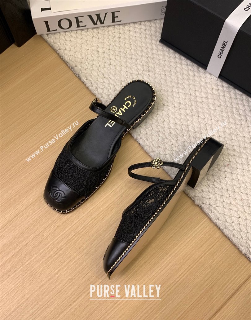 Chanel Lace Calfskin Flat Mules Black 2025 CH041612 (MD-250416087)