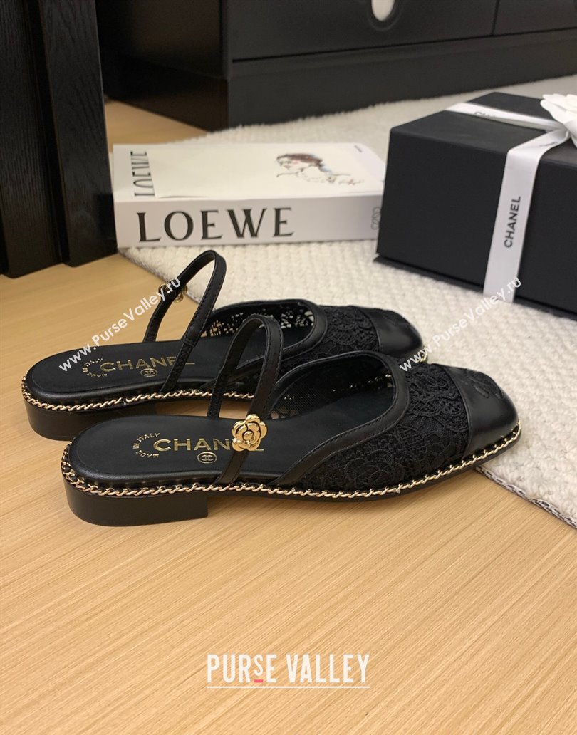 Chanel Lace Calfskin Flat Mules Black 2025 CH041612 (MD-250416087)