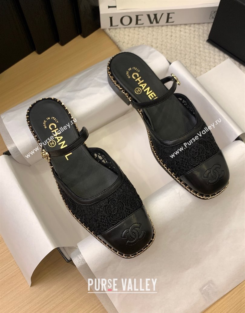 Chanel Lace Calfskin Flat Mules Black 2025 CH041612 (MD-250416087)