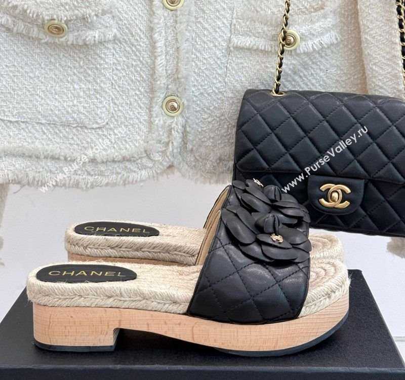 Chanel Calfskin Platform Slides Sandal 4cm with Camellia Black 2025 CH041608 (MD-250416058)