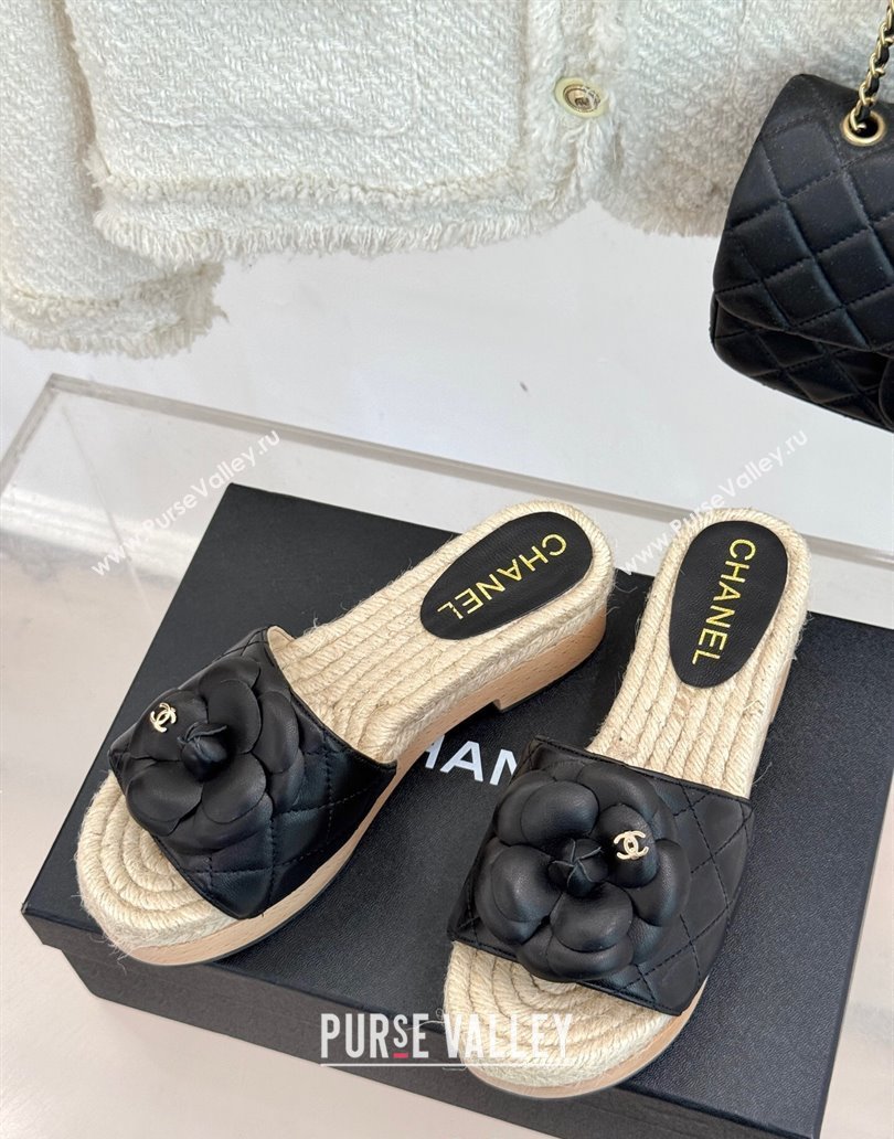 Chanel Calfskin Platform Slides Sandal 4cm with Camellia Black 2025 CH041608 (MD-250416058)
