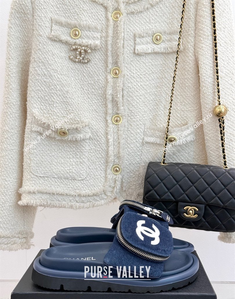 Chanel Denim Pillow Slides Sandal with Zip Pouch Navy Blue 2025 CH041614 (MD-250416096)