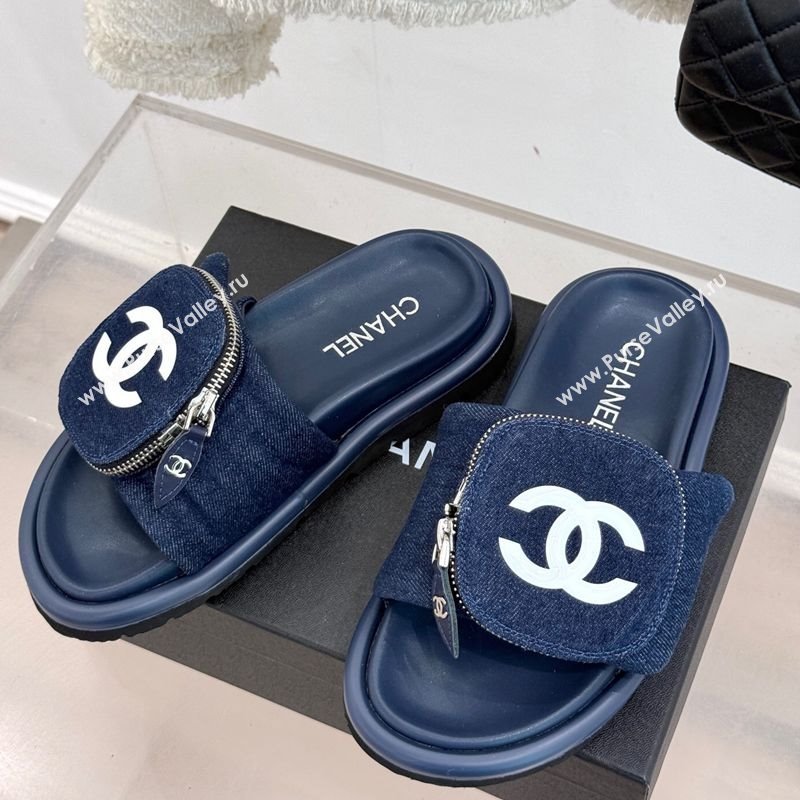 Chanel Denim Pillow Slides Sandal with Zip Pouch Navy Blue 2025 CH041614 (MD-250416096)