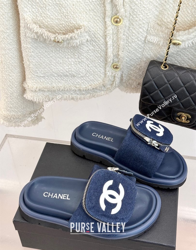 Chanel Denim Pillow Slides Sandal with Zip Pouch Navy Blue 2025 CH041614 (MD-250416096)