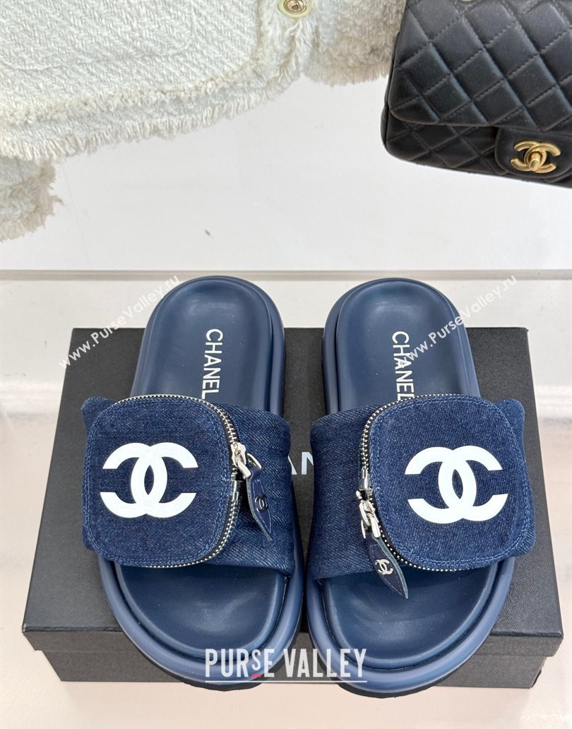 Chanel Denim Pillow Slides Sandal with Zip Pouch Navy Blue 2025 CH041614 (MD-250416096)