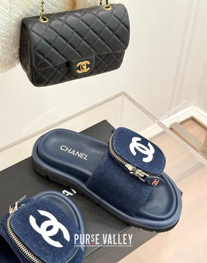 Chanel Denim Pillow Slides Sandal with Zip Pouch Navy Blue 2025 CH041614 (MD-250416096)
