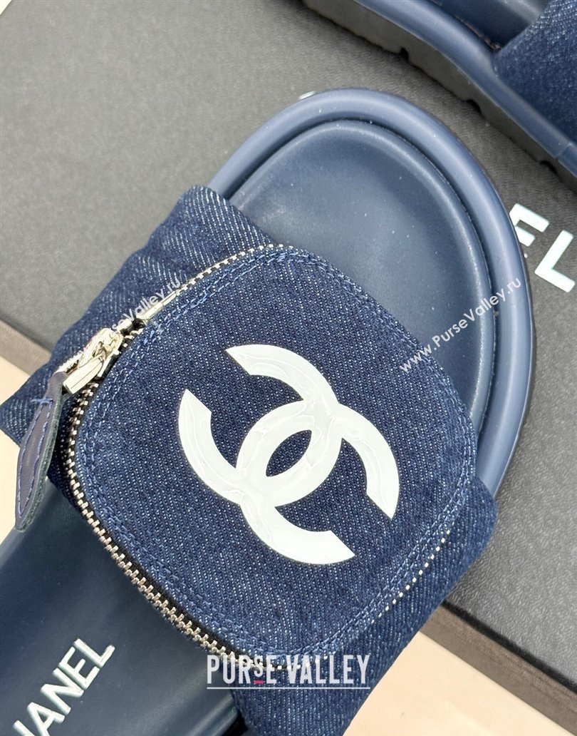Chanel Denim Pillow Slides Sandal with Zip Pouch Navy Blue 2025 CH041614 (MD-250416096)