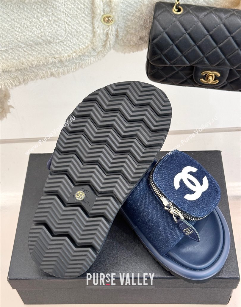 Chanel Denim Pillow Slides Sandal with Zip Pouch Navy Blue 2025 CH041614 (MD-250416096)