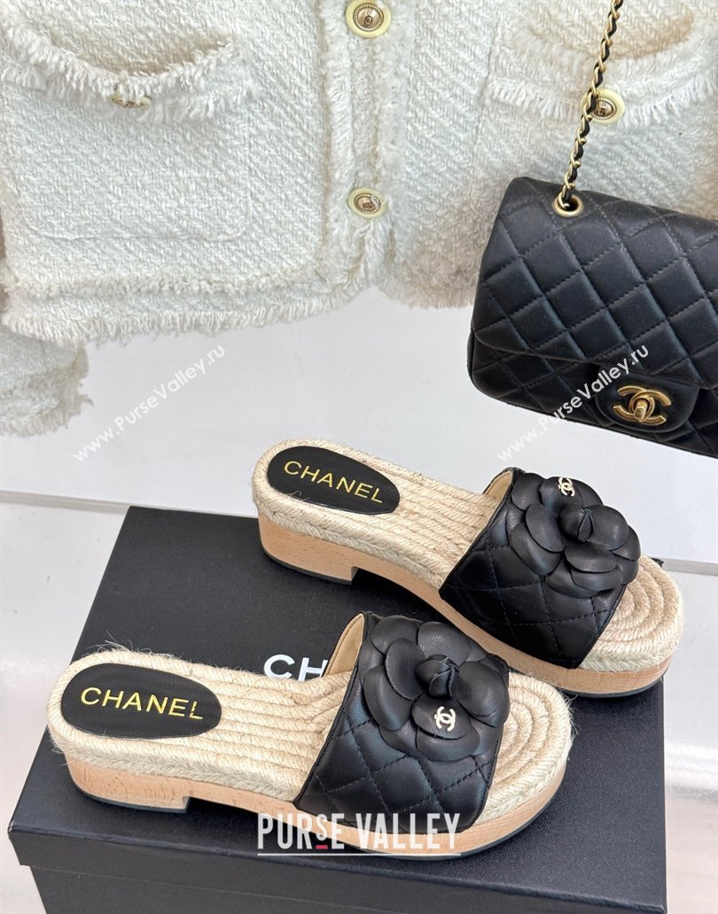 Chanel Calfskin Platform Slides Sandal 4cm with Camellia Black 2025 CH041608 (MD-250416058)