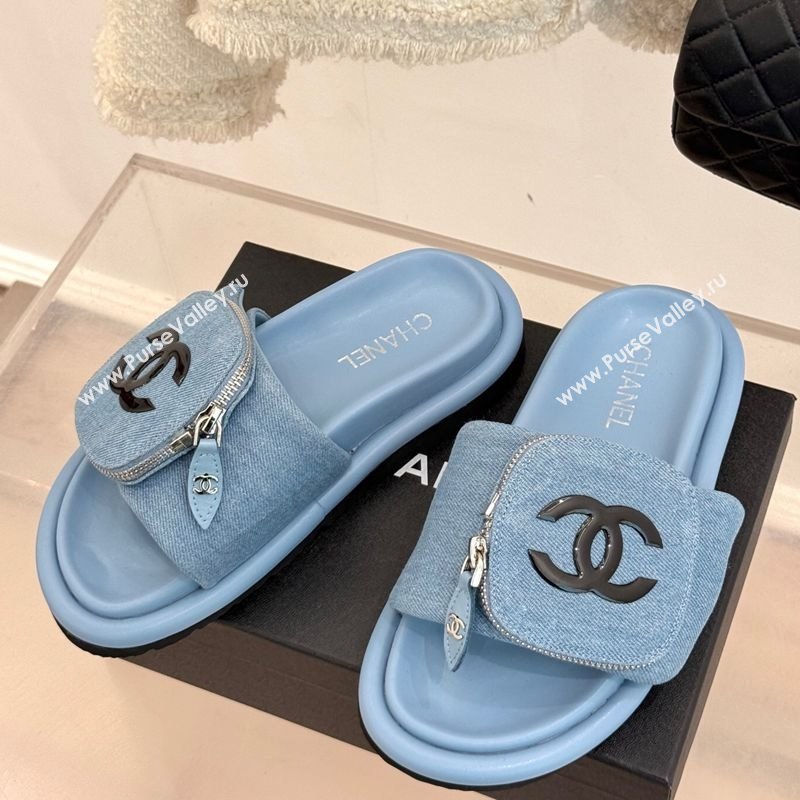 Chanel Denim Pillow Slides Sandal with Zip Pouch Light Blue 2025 CH041614 (MD-250416097)